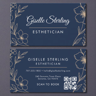 Botanical Navy Blue QR Code Aesthetician Floral Business Card