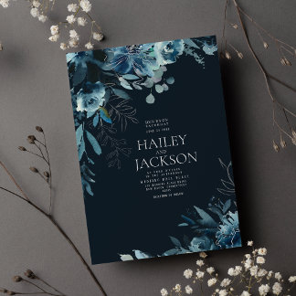 Botanical navy blue teal watercolor floral wedding invitation
