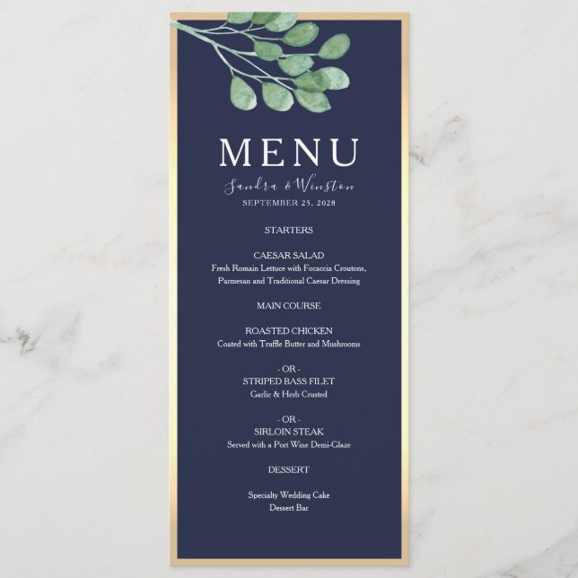 Botanical Navy Blue Wedding Menu (Front)