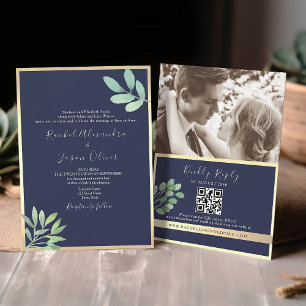 Botanical Navy Blue Wedding QR Code Invitation