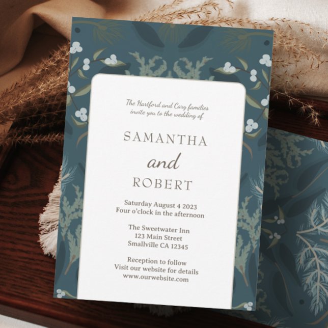 Botanical Navy Blue White Winter Wedding Invitation (Creator Uploaded)