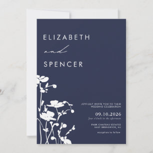 Botanical Navy Floral Modern Wedding  Invitation