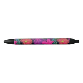 Botanical neon flowers black ink pen