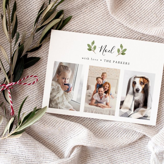Botanical Noel | Three Photo Minimalist Christmas Holiday Card (A simple and elegant Christmas card with greenery and a photo grid)