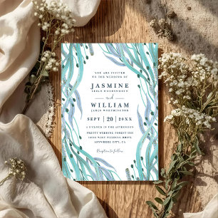 Botanical Ocean Coral Reed Elegant QR Code Wedding Invitation