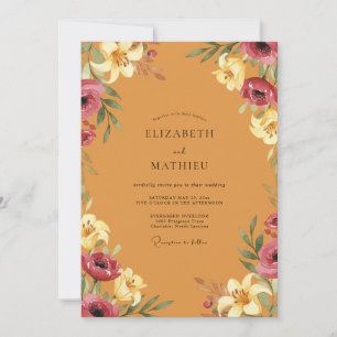 Botanical Ochre Magenta Blossom Wedding Invitation