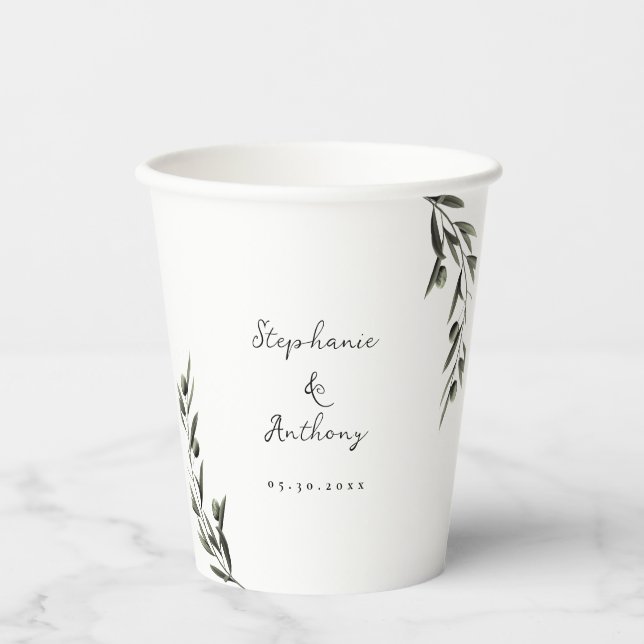 Botanical Olive Branch Leaves Italian Wedding   Paper Cups (Front)