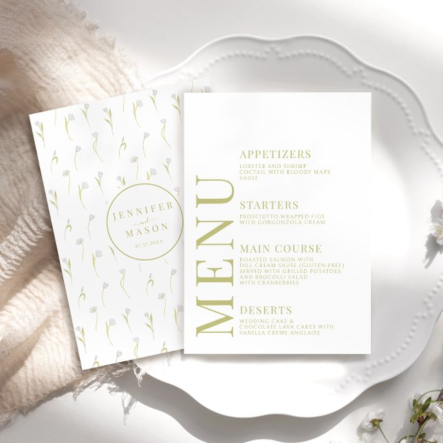Botanical Olive Green Floral Wedding Menu Cards (Creator Uploaded)