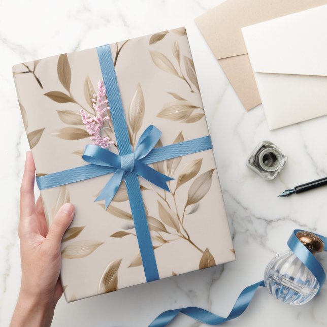 Botanical Olive Leaf Beige Floral Pattern Wrapping Paper (Gifting)