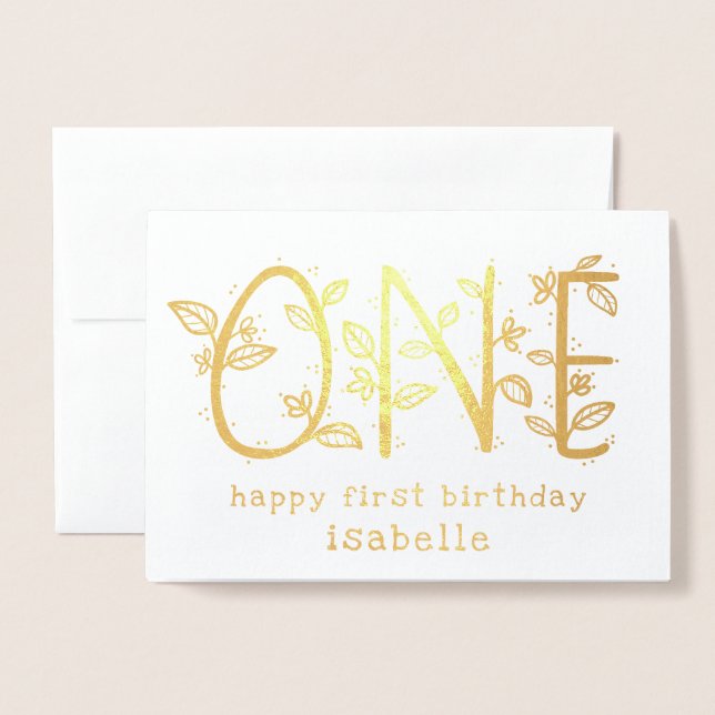 Botanical One Happy First Birthday Foil Card (Front With Envelope)