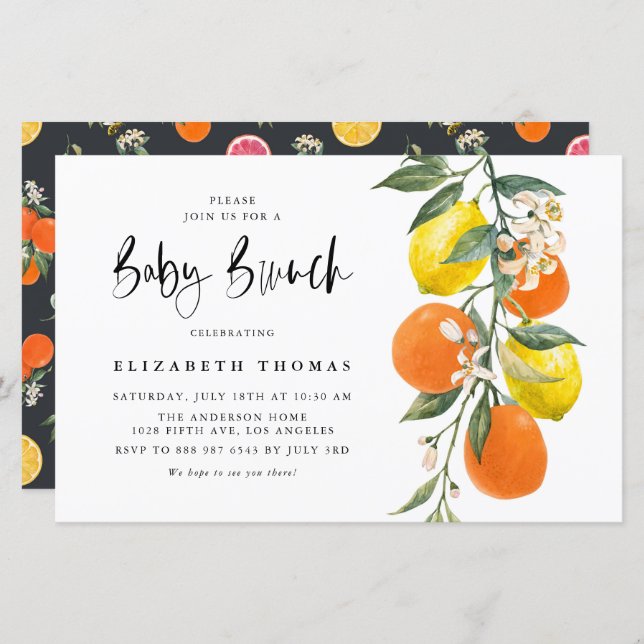 Botanical Orange and Lemon Baby Brunch Invitation (Front/Back)