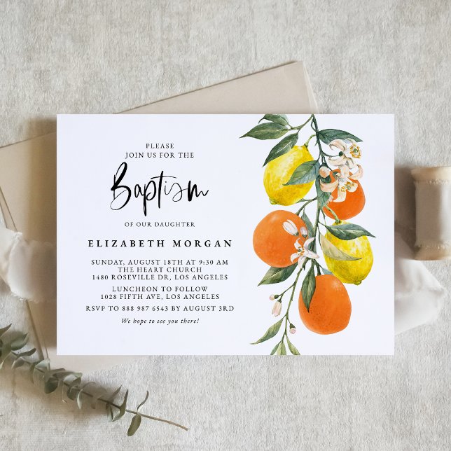 Botanical Orange and Lemon Garland Baptism Invitation (Creator Uploaded)