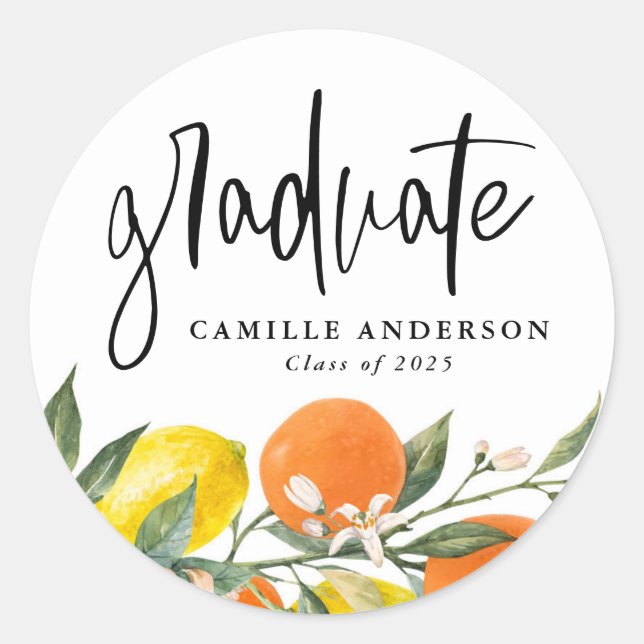 Botanical Orange and Lemon Garland Graduation Classic Round Sticker (Front)