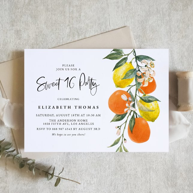 Botanical Orange and Lemon Garland Sweet Sixteen Invitation (Creator Uploaded)
