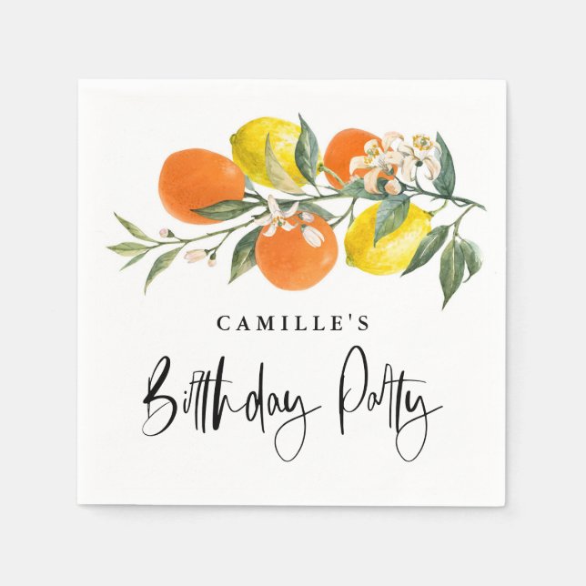 Botanical Orange and Lemon Summer Birthday Party Napkin (Front)