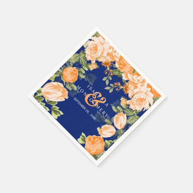 Botanical Orange and Navy Blue Floral Wedding Napkin (Corner)