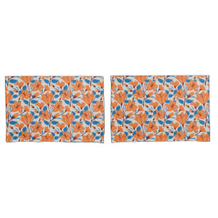 Botanical Orange Blue Lily Floral Pattern   Pillowcase