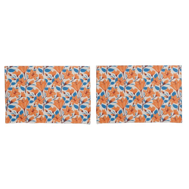 Botanical Orange Blue Lily Floral Pattern   Pillowcase (Front-Set)