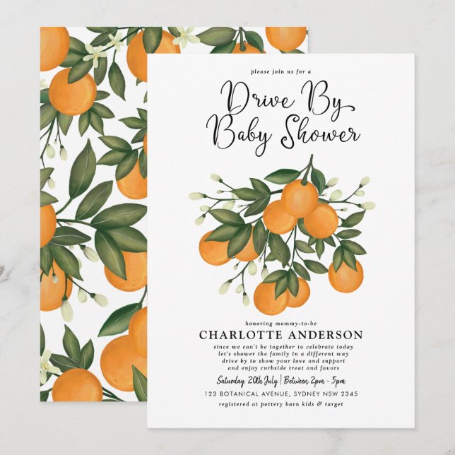 Botanical Orange Citrus Drive Thru Baby Shower Invitation (Front/Back)