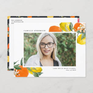 Botanical Orange & Lemon QR Code Photo Graduation Announcement Postcard