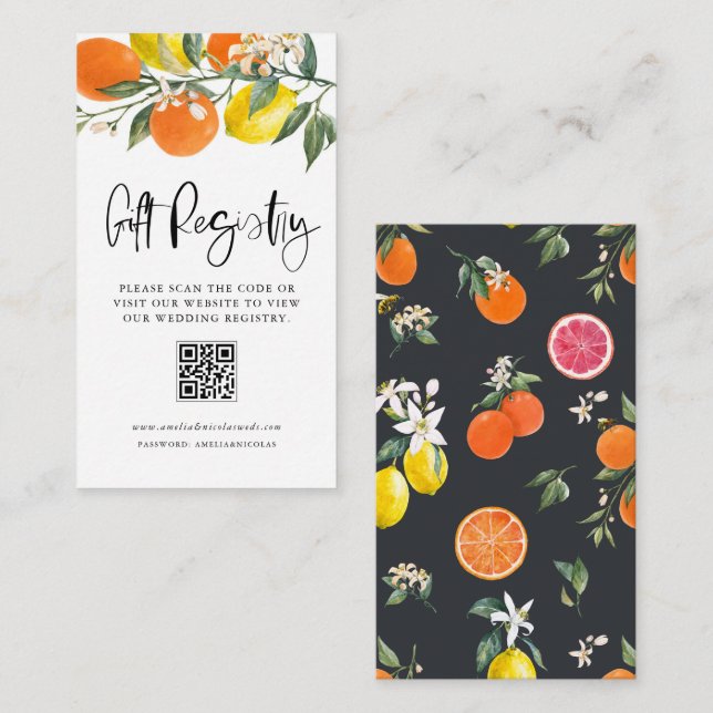 Botanical Orange & Lemon Wedding QR Code Registry Enclosure Card (Front/Back)