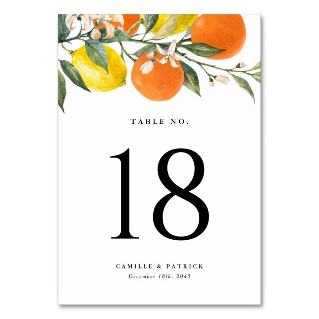 Botanical Oranges and Lemons Summer Wedding Table Number (Back)