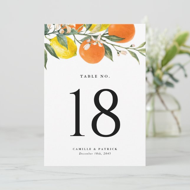 Botanical Oranges and Lemons Wedding Table Number (Standing Front)
