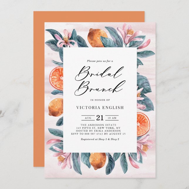 Botanical Oranges and Pink Blossoms Bridal Brunch Invitation (Front/Back)