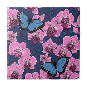 Botanical Orchid Garden with Butterflies Ceramic Tile