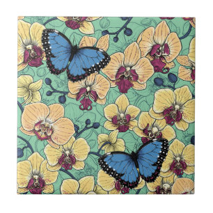 Botanical Orchid Garden with Butterflies II Ceramic Tile