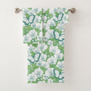 Botanical Orchid Garden with Butterflies in green Bath Towel Set
