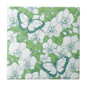 Botanical Orchid Garden with Butterflies in green Ceramic Tile