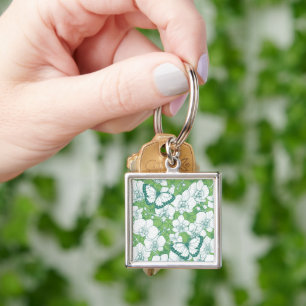 Botanical Orchid Garden with Butterflies in green Key Ring