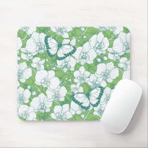 Botanical Orchid Garden with Butterflies in green Mouse Pad