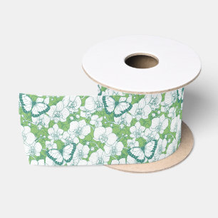 Botanical Orchid Garden with Butterflies in green Satin Ribbon