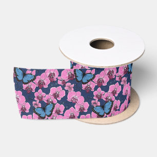 Botanical Orchid Garden with Butterflies Satin Ribbon