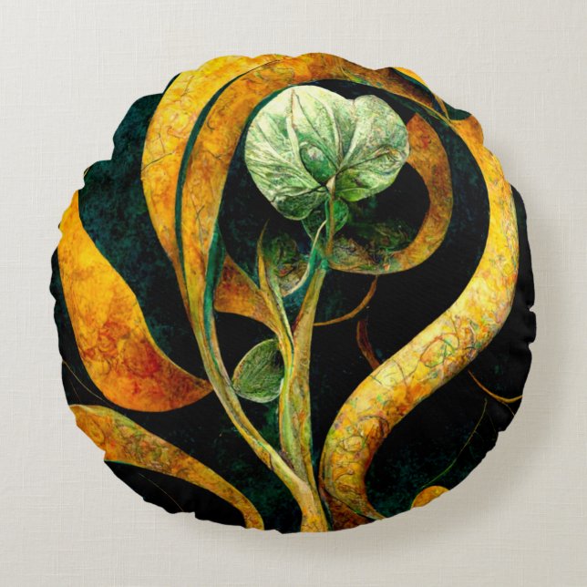 Botanical Orchid Greens & Golds Round Cushion (Front)