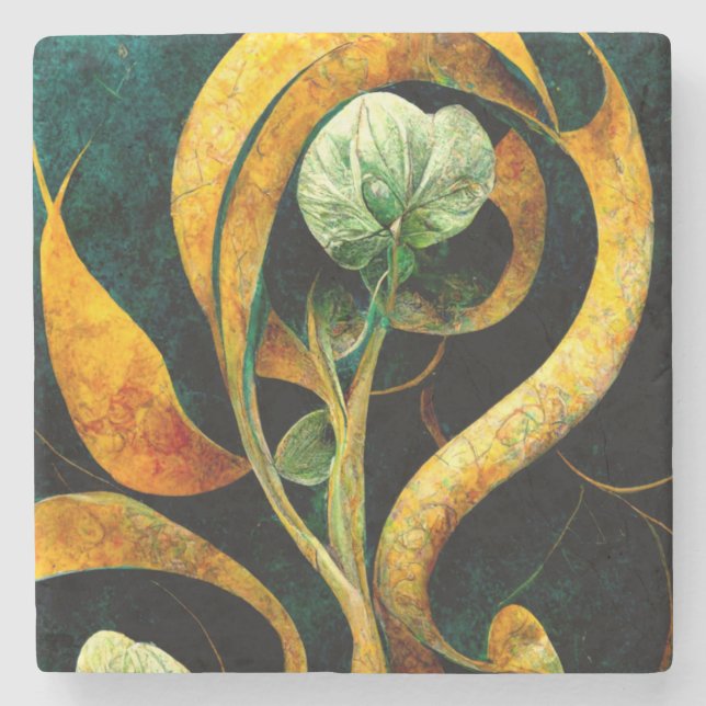 Botanical Orchid Greens & Golds Stone Coaster (Front)