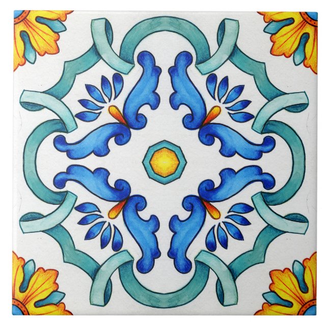 Botanical Ornamental Mediterranean Patterned Ceramic Tile (Front)
