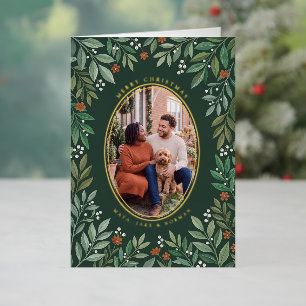 Botanical Oval Wreath Merry Christmas Photo Foil Holiday Card