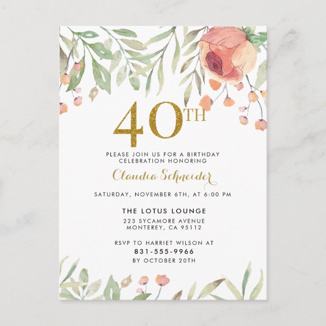 Botanical Painting & Gold Glitter 40th Birthday Invitation Postcard (Front)