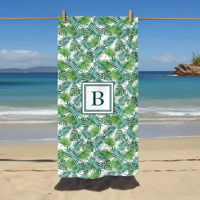 Botanical Palm Leaves Monogram Beach Towel (Monogrammed Tropical Palm Leaves Pattern Beach Towel)