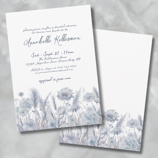 Botanical Pampas Floral Dusty Blue Bridal Shower Invitation (Botanical Pampas Floral Dusty Blue Bridal Shower Invitation)