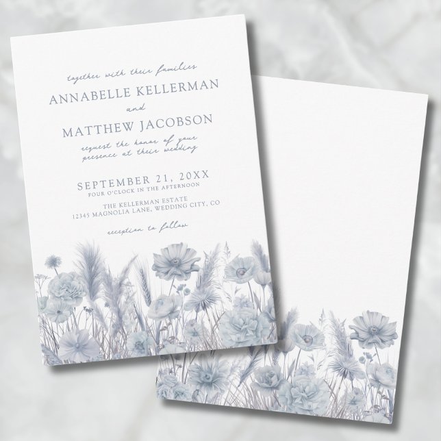 Botanical Pampas Floral Dusty Blue Wedding Invitation (Botanical Pampas Floral Dusty Blue Wedding Invitation)
