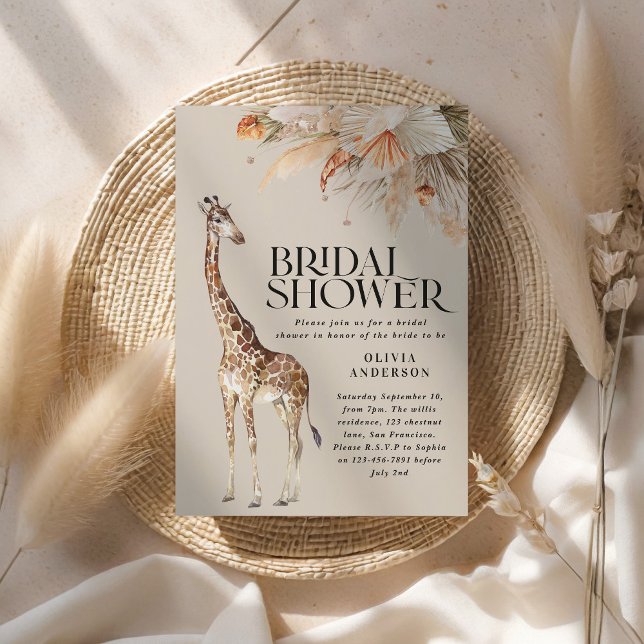 Botanical pampas grass giraffe bridal shower invitation (Creator Uploaded)