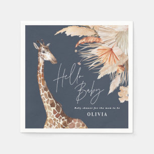Botanical pampas grass giraffe safari navy blue napkin
