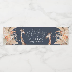 Botanical pampas grass giraffe safari navy blue water bottle label