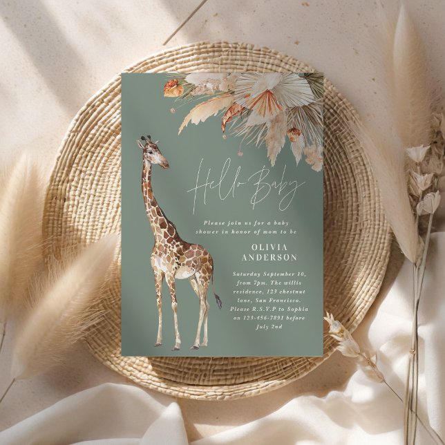 Botanical pampas grass giraffe safari sage green invitation (Creator Uploaded)