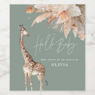 Botanical pampas grass giraffe safari sage green wine label