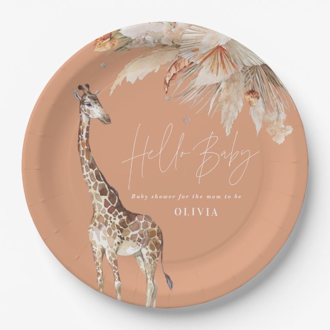 Botanical pampas grass modern giraffe safari chic  paper plate (Front)